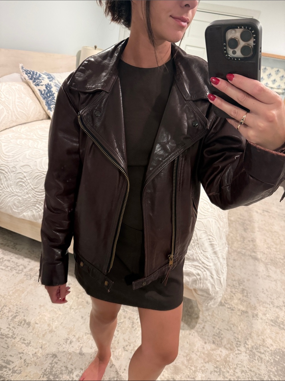 Dark Brown Leather Moto Jacket - Women's Stylish Biker Coat